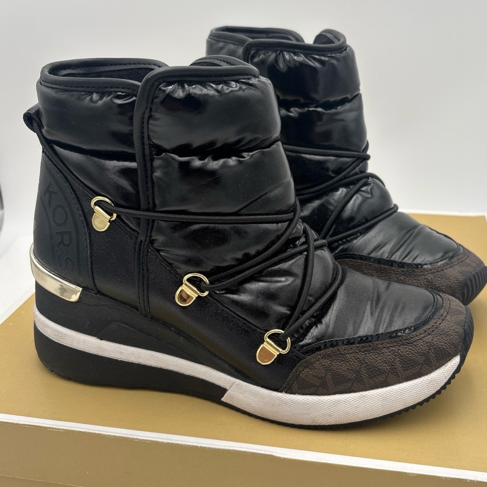 Michael Kors Black Quilted Winter Boots with Gold Accents